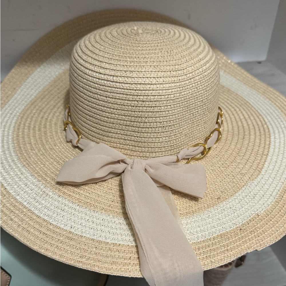Elegant Tan Sun Hat with Gold Chain Accent